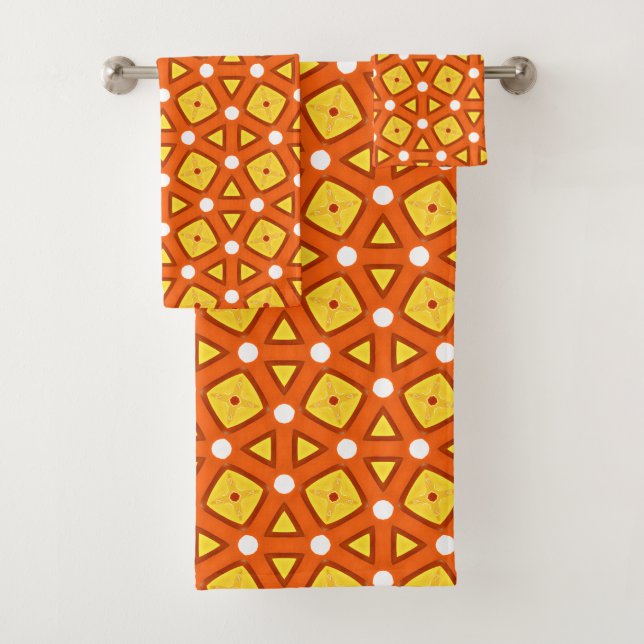 Orangefarbenes Quadrat- und Dreiecksgeflecht-naive Badhandtuch Set (Insitu)