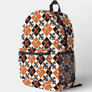 Orangefarbenes Schwarz-weißes Fleur-de-lis-Design Bedruckter Rucksack