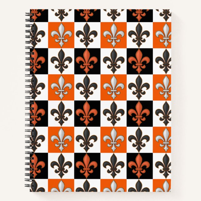 Orangefarbenes Schwarz-weißes Fleur-de-lis-Design Notizbuch (Vorderseite)