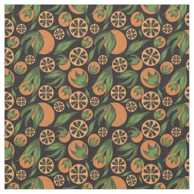 Orangefarbenes schwarzes Fruchtmuster Stoff (Nahaufnahme)
