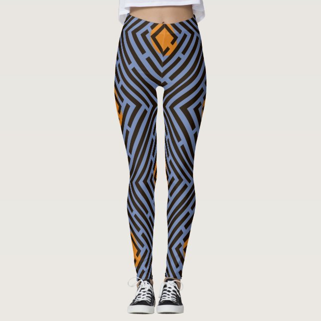 Orangefarbenes schwarzes Labyrinth-Muster - benutz Leggings (Vorderseite)