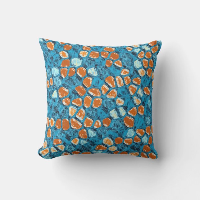 Orangefarbenes und blaues Abstraktes Muster Kissen (Vorderseite)