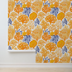 Orangefarbenes und blaues Korallenmuster Tapete