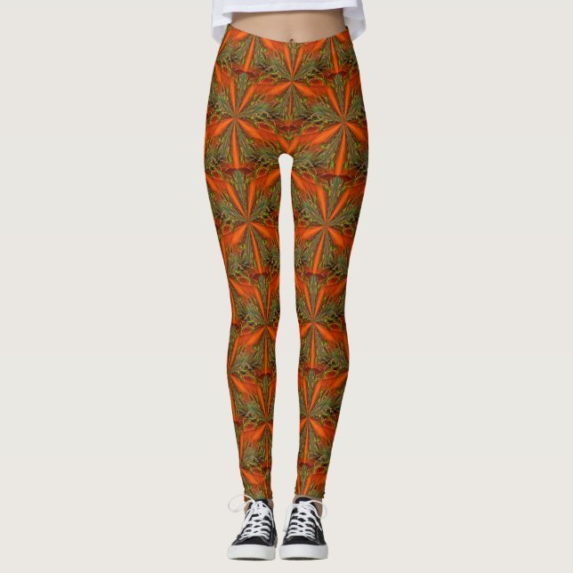 Orangefarbenes und grünes Abstraktes Muster Leggings (Vorderseite)