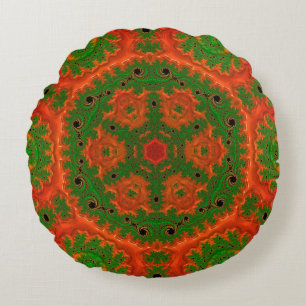 Orangefarbenes und grünes Kaleidoskop Rundes Kissen