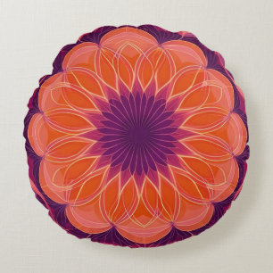 Orangefarbenes und Lila Kaleidoskop Rundes Kissen