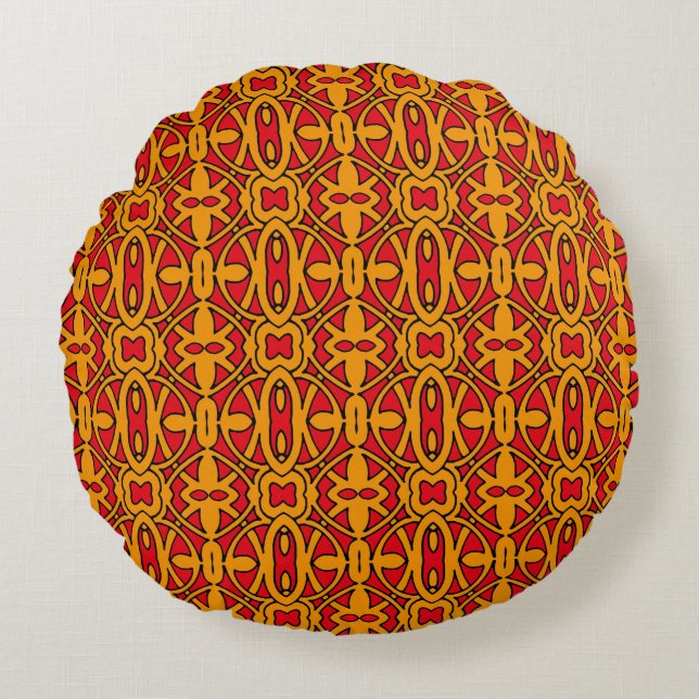 Orangefarbenes und rotes Handgezeichnetes Muster Rundes Kissen (Vorderseite)