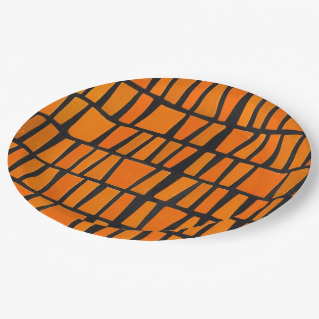 Orangefarbenes und schwarzes afrikanisches Stammes Pappteller (Schrägansicht)