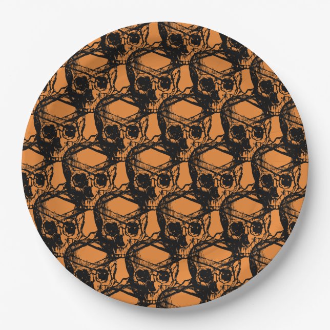 Orangefarbenes und schwarzes Cool Spooky Skull-Hal Pappteller (Vorderseite)