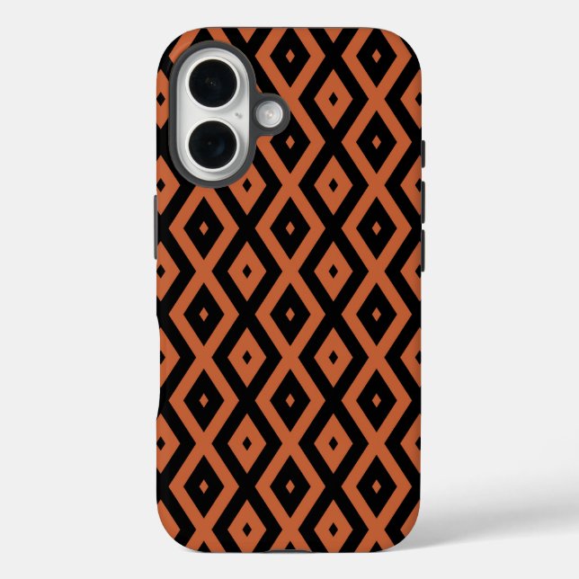 Orangefarbenes und schwarzes Diamantmuster iPhone 16 Hülle (Rückseite)