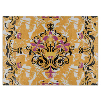 Orangefarbenes und schwarzes grafisches Design, la Schneidebrett