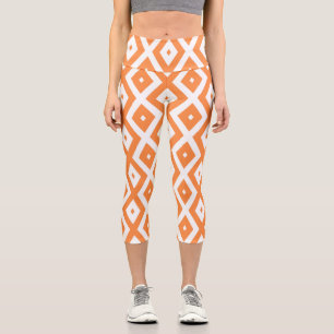 Orangefarbenes und weißes Diamantmuster Capri Leggings