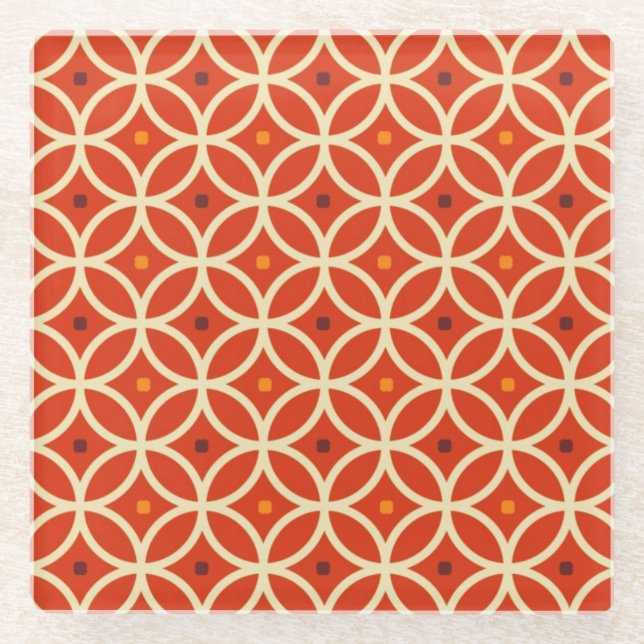 Orangefarbenes und weißes Muster, Retro Glasuntersetzer (Vorderseite)