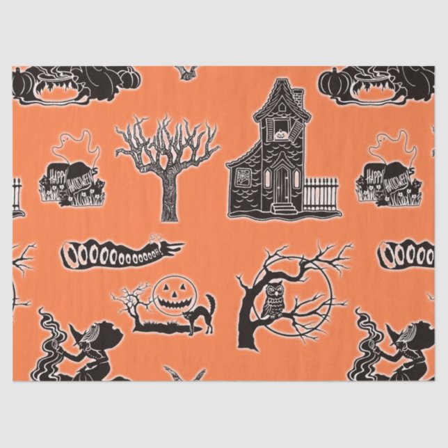 Orangefarbenes Vintages Halloween-Muster Seidenpapier (Vorderseite)