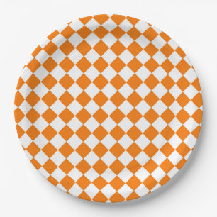 Orangefarbenes weißes Schachbrett Diamantmuster Pappteller