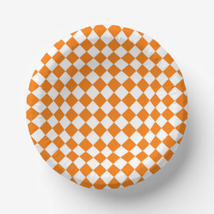 Orangefarbenes weißes Schachbrett Diamantmuster Pappteller