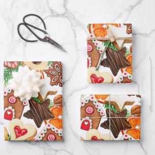 Orangefärbte Weihnachtskekse und Bonbons Geschenkpapier Set