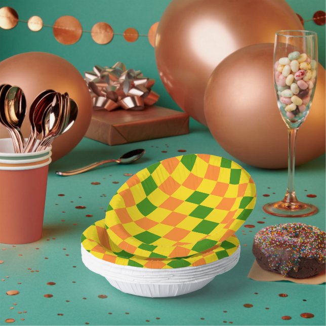 Orangegelbe grün karierte Musterdesign  Pappteller (Multi)