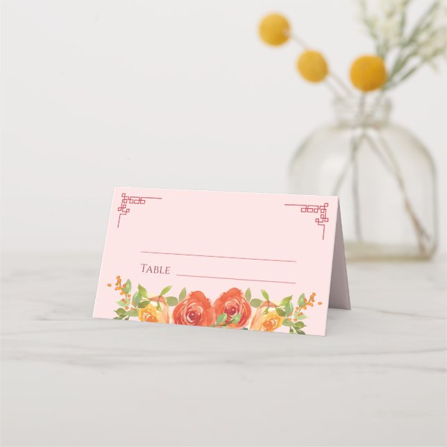 Orangelbe Blumen Chinesische Hochzeit Doppel xi Platzkarte (Vorderseite)