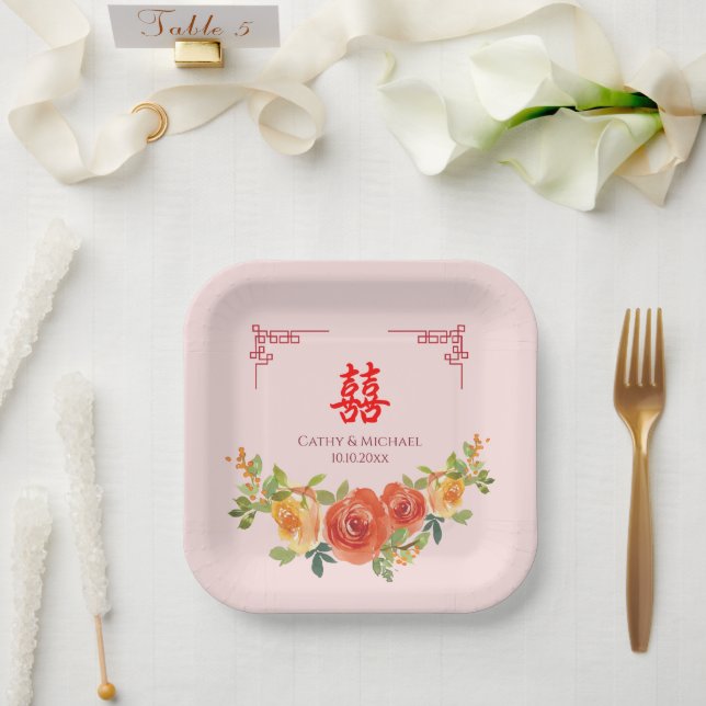 Orangelbe Blumen Chinesische Hochzeit Pappteller (Hochzeit)