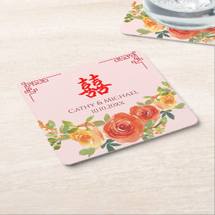 Orangelbe Blumen Chinesische Hochzeit Rechteckiger Pappuntersetzer