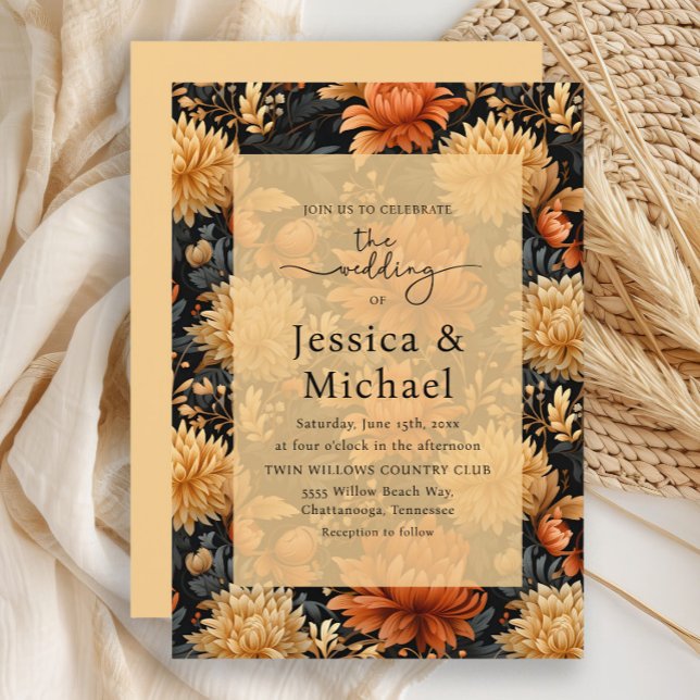 Orangelbe Herbstblütenblütenhochzeit Einladung (Burnt orange and yellow floral autumn wedding invitation)