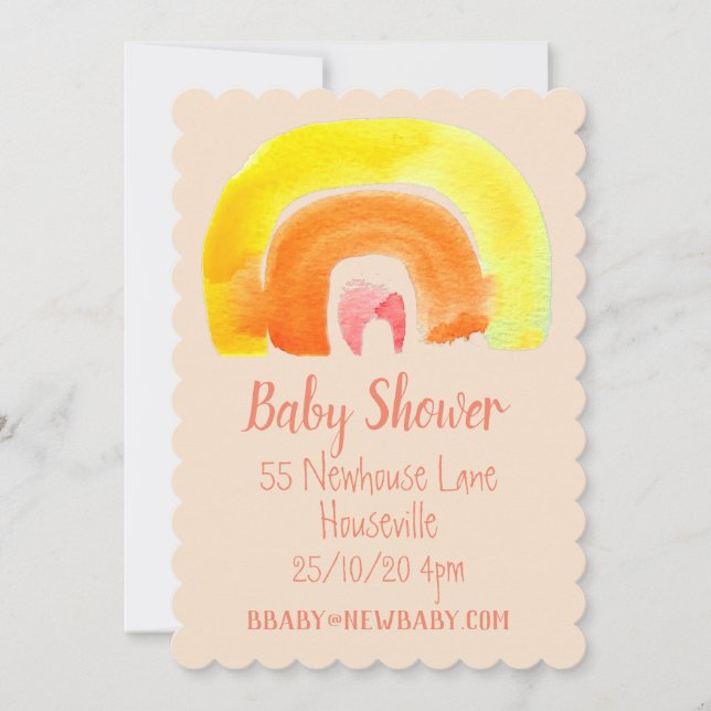 Orangelbe Regenbogenbaby-Dusche Einladung (Vorderseite)