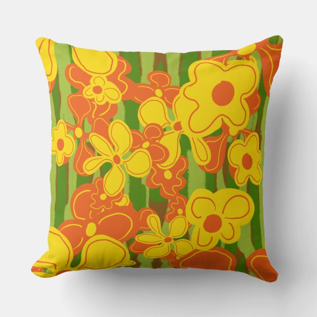 Orangelbe Retro-Blume auf gestreiftem Grün Kissen (Vorderseite)