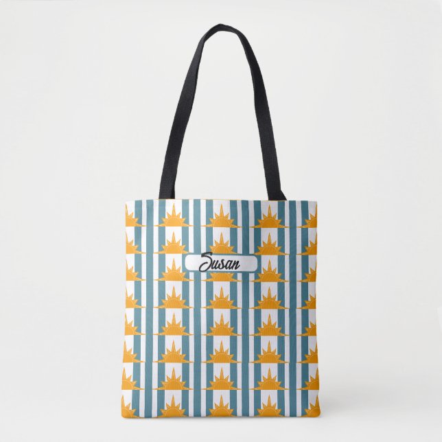 Orangelbe Sonnen auf Aquamarinen Streifen Tasche (Vorderseite)