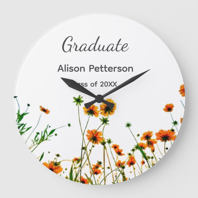 Orangelbe Wildblumen Moderne Graduate rustikal Große Wanduhr (Vorderseite)