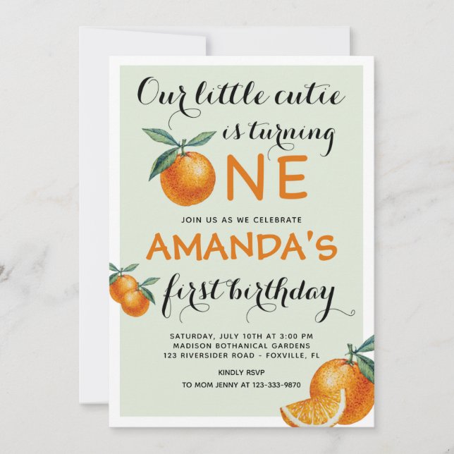 Orangen 1. Geburtstag ein wenig Süsse Einladung (Vorderseite)