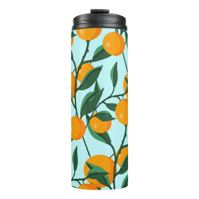 Orangen auf Blätterzweigen nahtlos, Zitrusfrüchte Thermosbecher (Vorderseite)