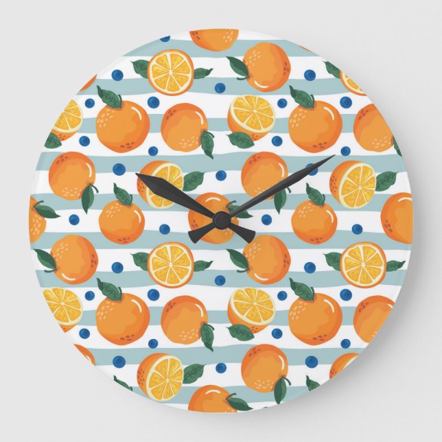 Orangen auf gestreiftem Hintergrund, Sommermuster. Große Wanduhr (Vorderseite)