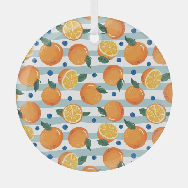 Orangen auf gestreiftem Hintergrund, Sommermuster. Ornament Aus Glas (Vorderseite)
