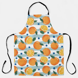 Orangen auf gestreiftem Hintergrund, Sommermuster. Schürze