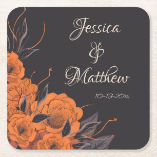Orangen Blumen Elegant Chic Datum Hochzeit Rechteckiger Pappuntersetzer