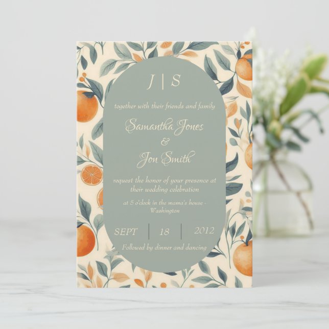 Orangen Blumen Hochzeit Einladung (Stehend Vorderseite)