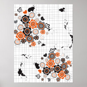 Orangen Blumen Küken Grunge Tintenkleckse Kritzele Poster
