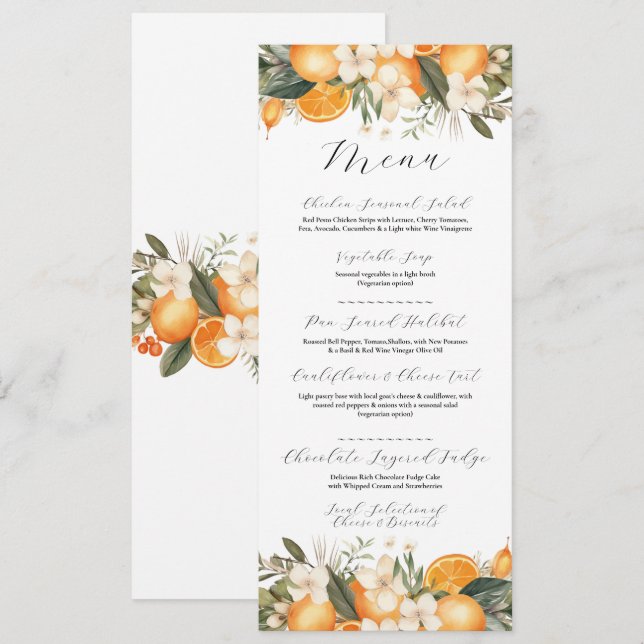 Orangen Blumenzitrus Blume Menü Hochzeit Menükarte (Vorne/Hinten)