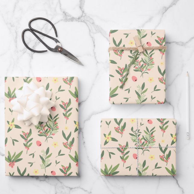 Orangen-, Grün- und Lachszweigmuster Geschenkpapier Set (Vorderseite)