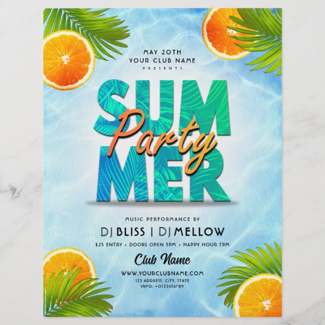 Orangen & Palm Blätter Sommer Club Party Flyer (Vorne)