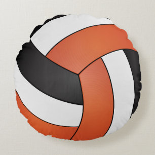 Orangen-, Schwarz- und Weiß-Volleyball Rundes Kissen