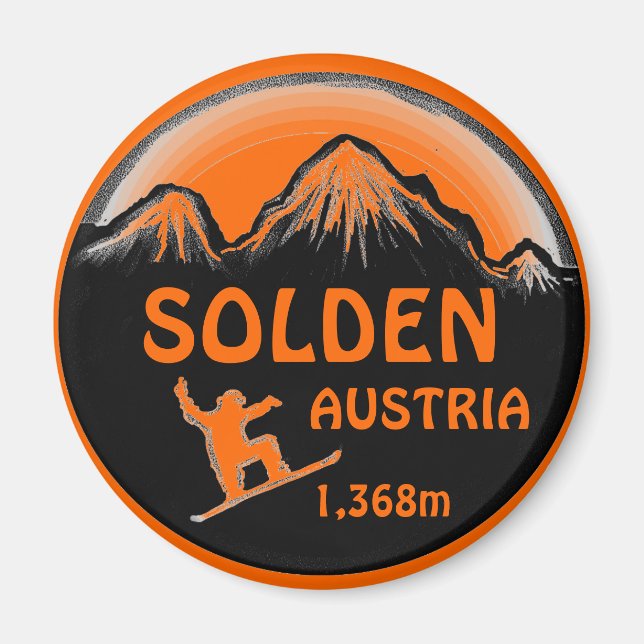 Orangen-Snowboard-Kunstmagnet Solden Austria Magnet (Vorne)