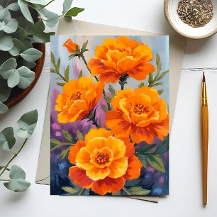 Orangen Tagetes   Oktober-Blumen-Aquarell Postkarte