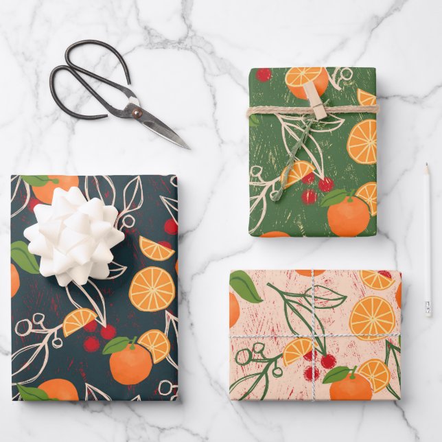 Orangen und Beeren Geschenkpapier Set (Vorderseite)