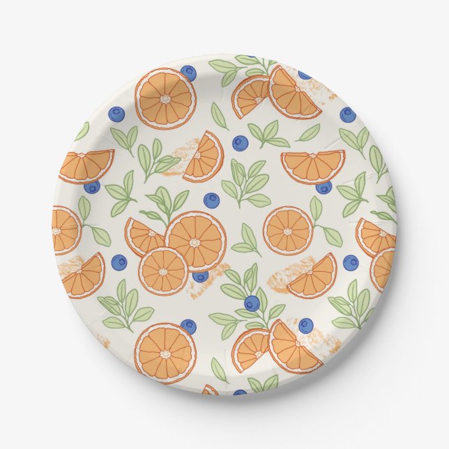 Orangen und Blaubeeren Fruchtmuster Pappteller (Vorderseite)