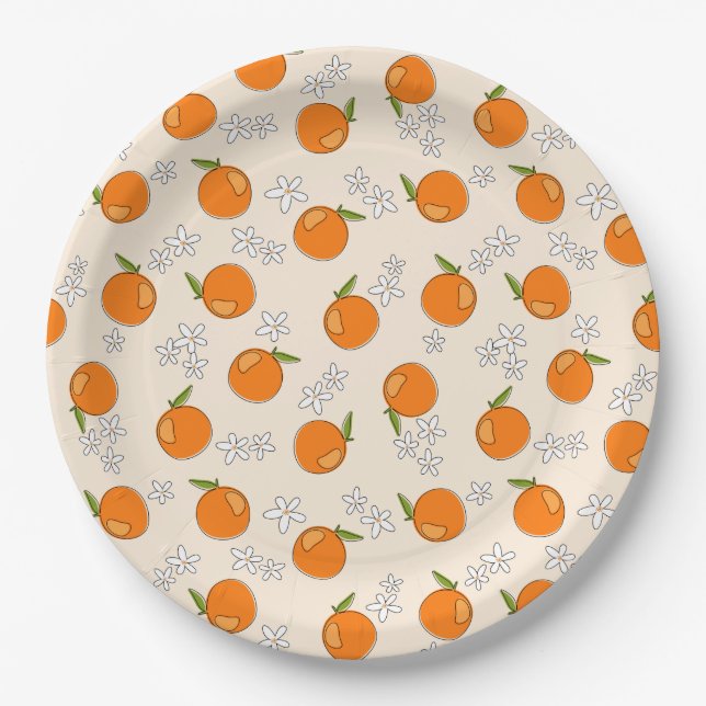 Orangen- und Blume-Muster Pappteller (Vorderseite)