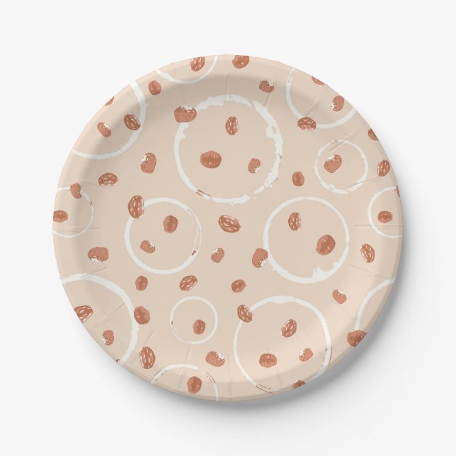 Orangen und braun geröstete Kaffeebohnen und Ringe Pappteller (Vorderseite)