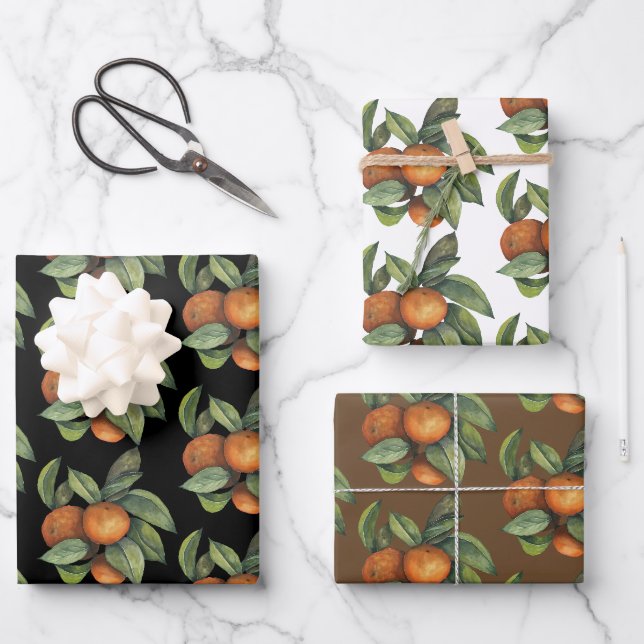 Orangen und Grünpflanzen - 3 Designs Geschenkpapier Set (Vorderseite)