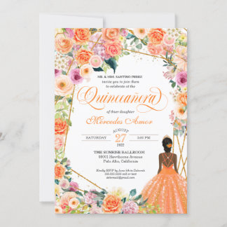 Orangen und rosa Rosen Pfirsichblütenquinceanera Einladung